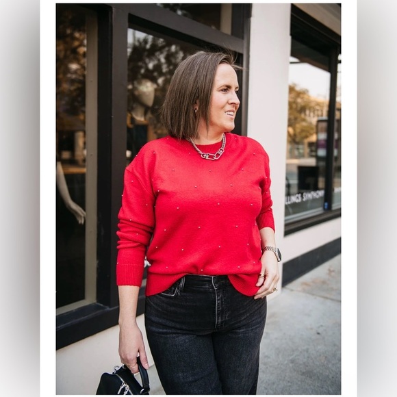 NWT DEX Cherry Red Super Soft Silver Ball Embellished Pullover Crew Neck Sweater - Picture 2 of 10